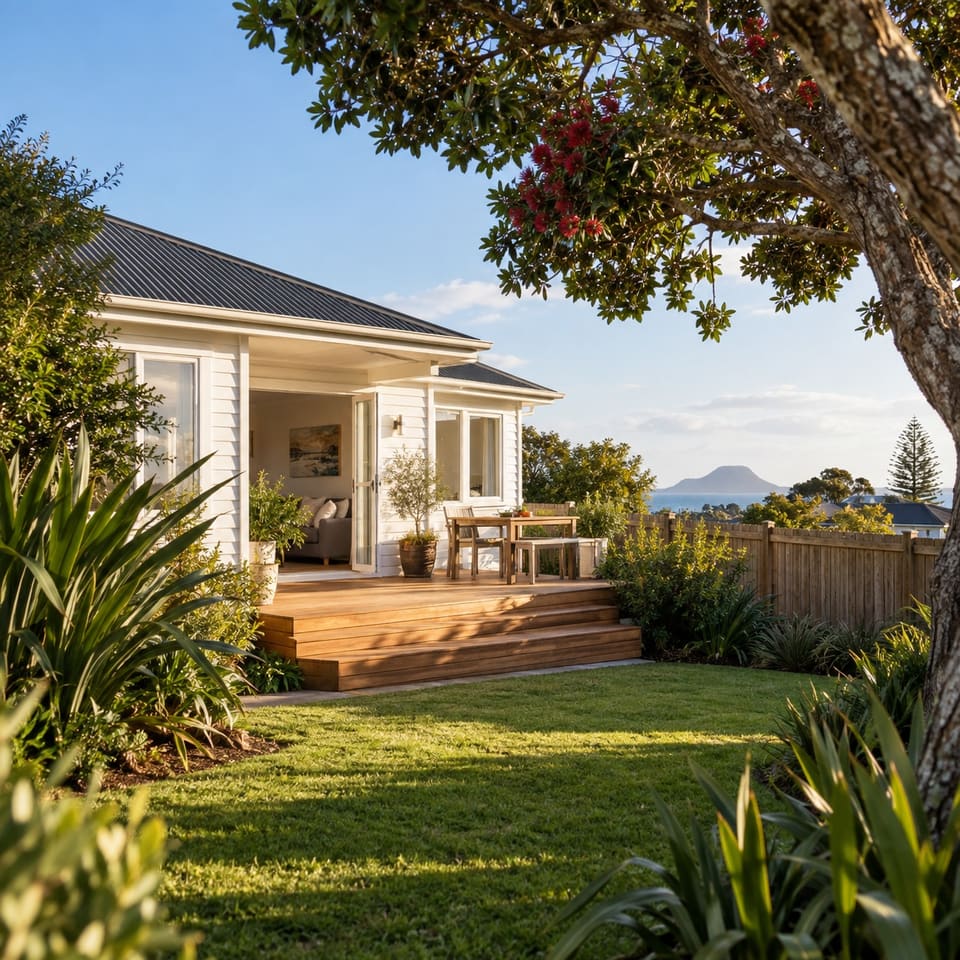 A tidy weatherboard home with a timber deck, lawn and native garden